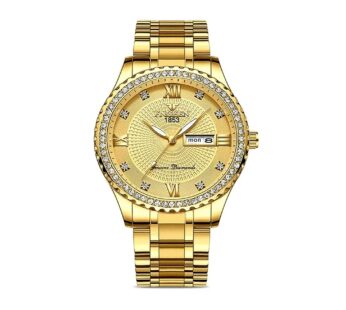 EEEkit Classic Diamond Gold Watches for Men, Stainless Steel Waterproof Dress Watch, Men’s Quartz Analog Wristwatch